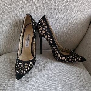 Jimmy Choo Black Cutout Suede Pointed-Toe Stiletto Pumps Size 37.5
